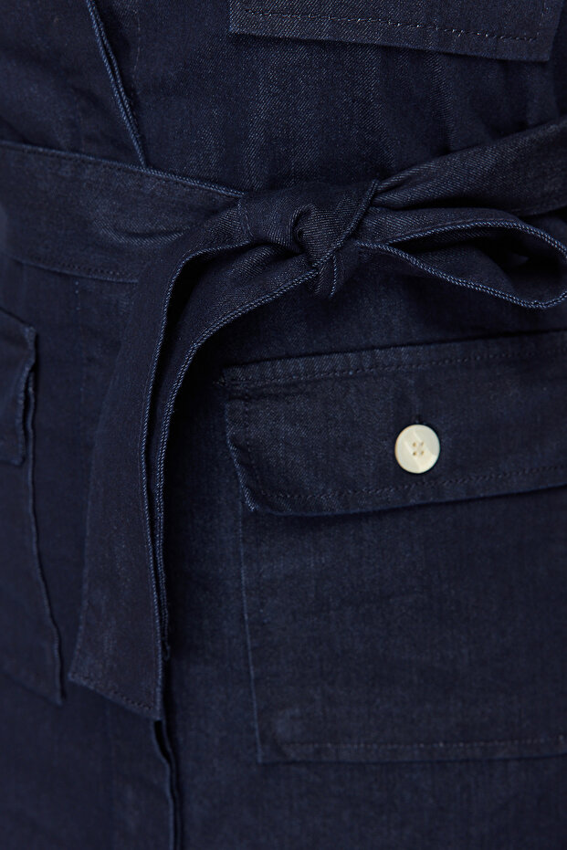 Koyu Mavi Kuşak Detaylı Mini Boy %100 Pamuk Non-Stretch Denim Gömlek Elbise TBBSS24AH00124 - 5