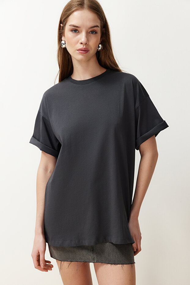 Antrasit %100 Pamuk Bisiklet Yaka Oversize/Geniş Kalıp Örme T-Shirt TWOSS20TS0134 - 3