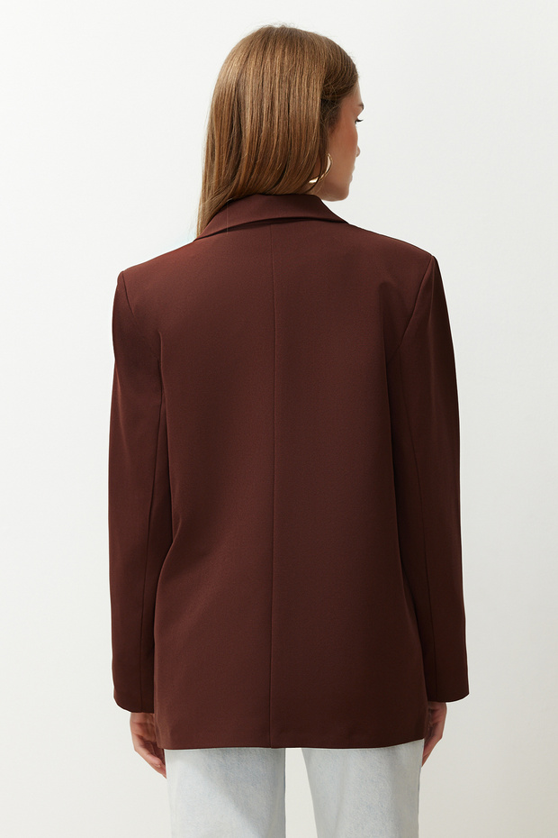 Kahverengi Oversize Düz Kesim Basic Kruvaze Dokuma Blazer Ceket TWOSS24BC00028 - 6