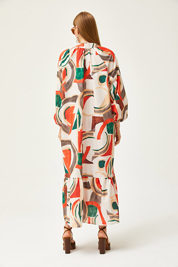 Női ekrü narancssárga nagy mintás maxi szőtt ingruha ELB-19002056 - 4