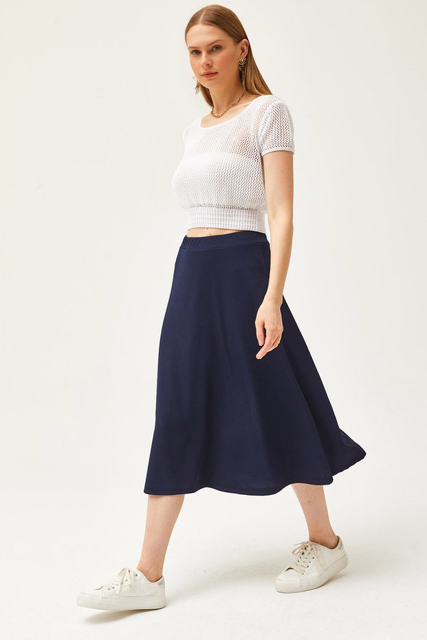 Women's Navy Blue Elastic Waist Flowing Twist Skirt ETK-19000258