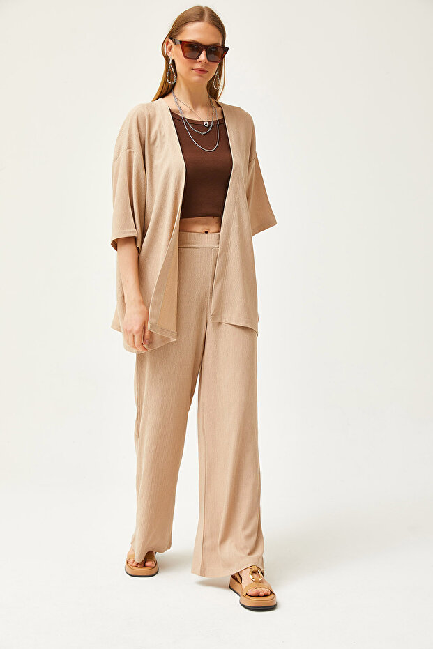 Women's Beige Top Kimono Bottom Pants Set TKM-19000280