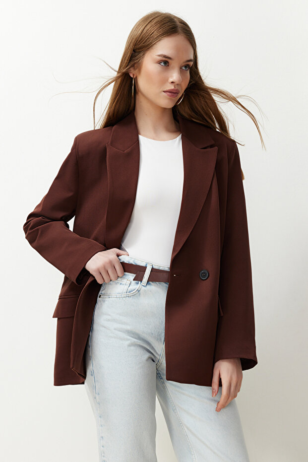 Kahverengi Oversize Düz Kesim Basic Kruvaze Dokuma Blazer Ceket TWOSS24BC00028 - 1