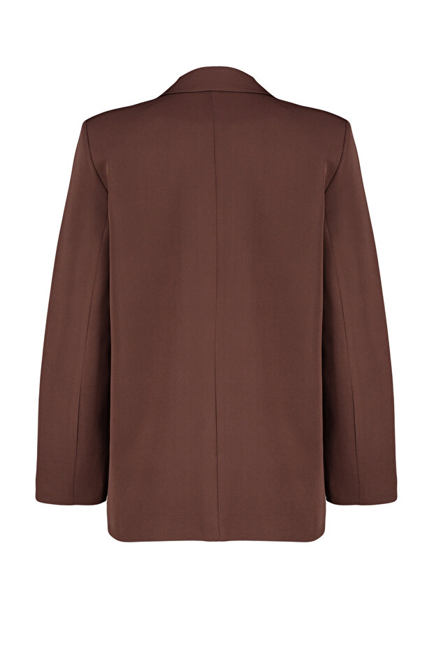 Kahverengi Oversize Düz Kesim Basic Kruvaze Dokuma Blazer Ceket TWOSS24BC00028 - 8