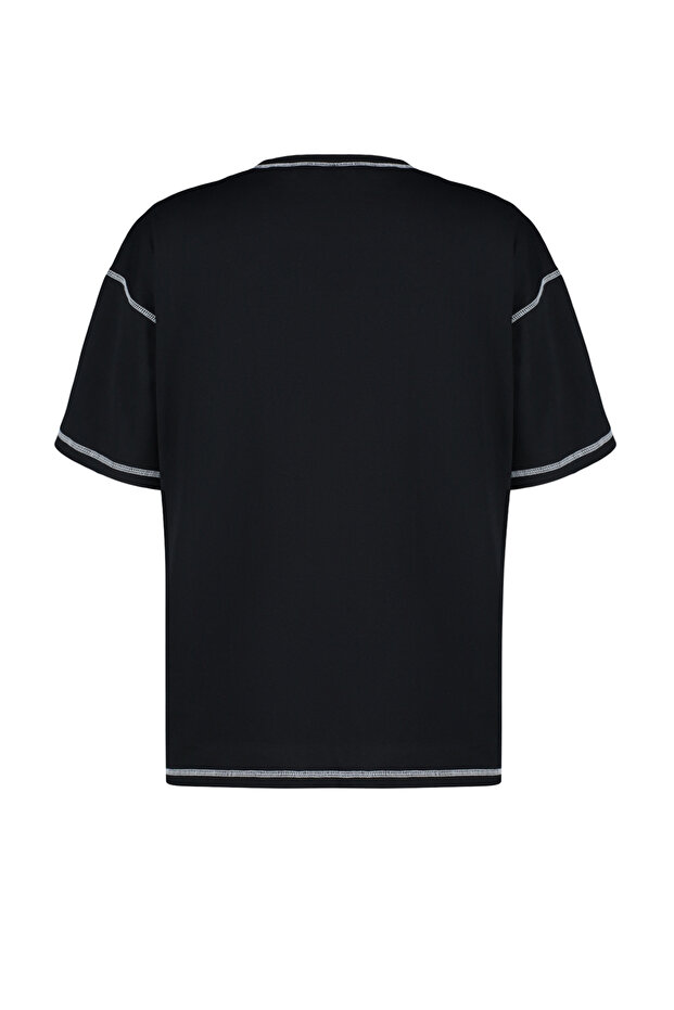 Siyah %100 Pamuk Karkoya Dikiş Detaylı Oversize/Geniş Kesim Örme T-Shirt TWOSS24TS00184 - 12