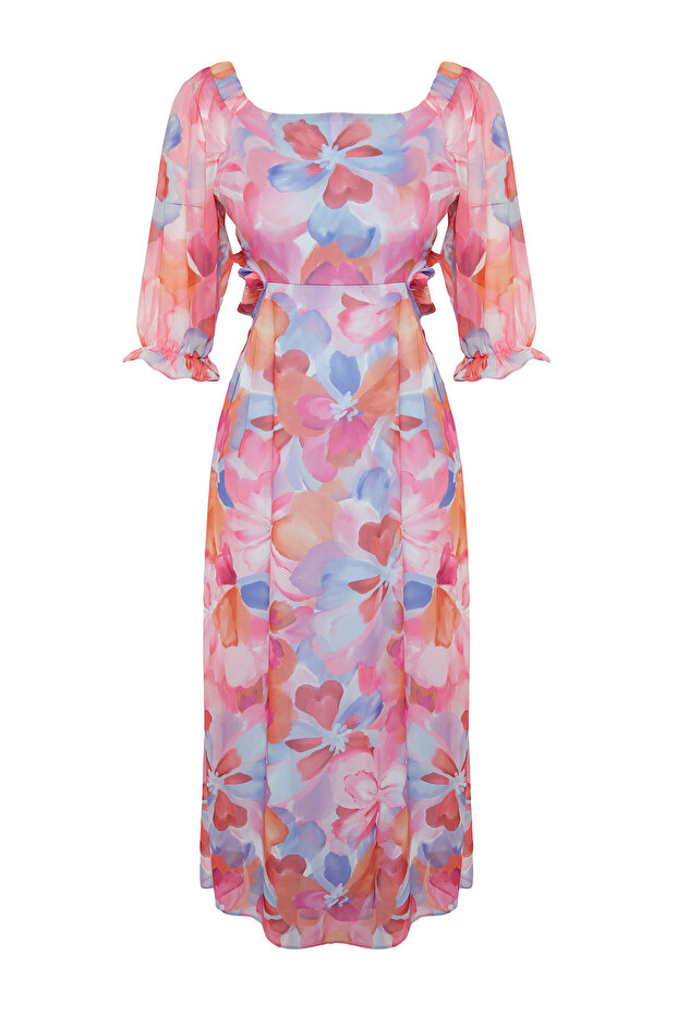 Pembe Çiçekli A Kesim Bel Dekolteli Carmen Yaka Şifon Astarlı Maxi Dokuma Elbise TWOSS23EL02422 - 7
