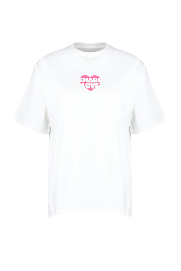 Ekru %100 Kalın Pamuklu Sırt ve Ön Kalp Baskılı Oversize/Rahat Kesim Örme T-Shirt TWOSS24TS00236 - 7