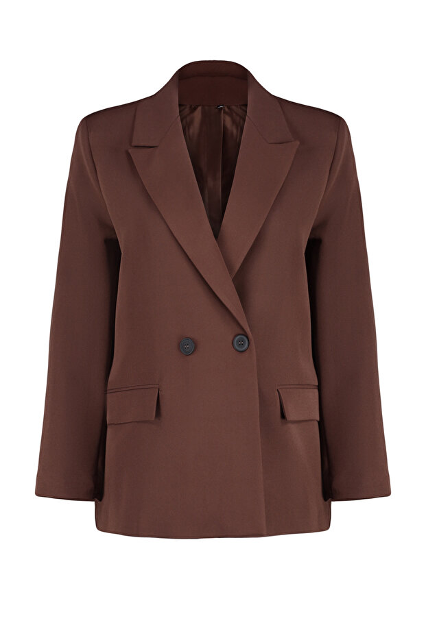 Kahverengi Oversize Düz Kesim Basic Kruvaze Dokuma Blazer Ceket TWOSS24BC00028 - 7