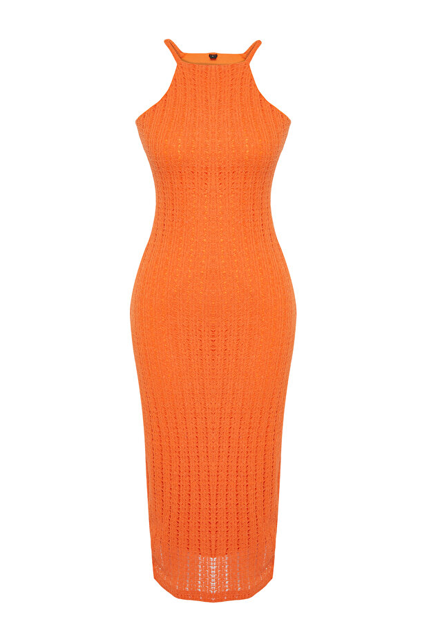 Turuncu Triko Görünümlü Shift/Düz Kesim Halter Yaka Midi Esnek Örme Kalem Elbise TWOSS24EL00594 - 7
