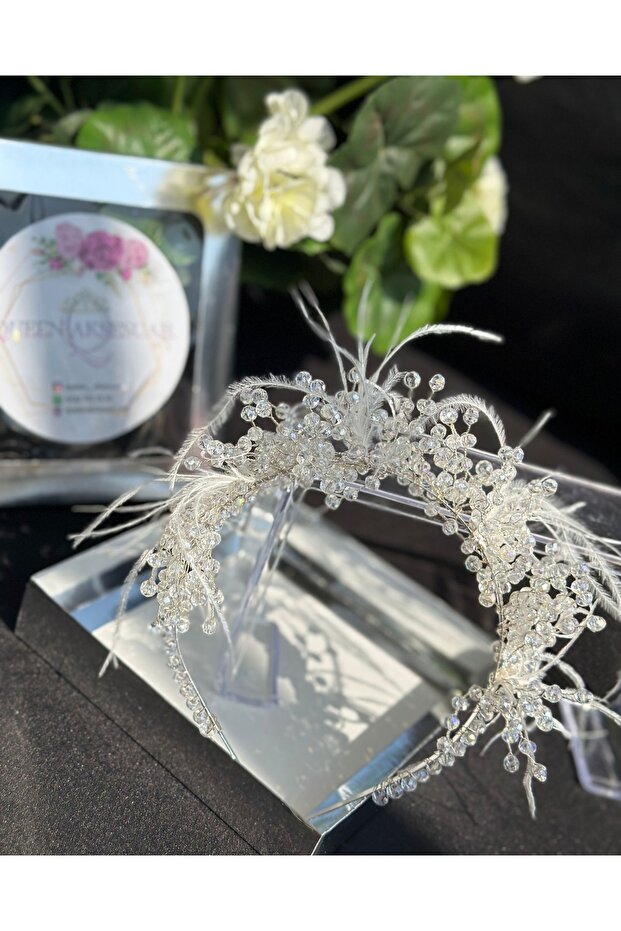 Luxury - Bridal and Engagement Crown with Crystal Beads and Jewelled Feathers, Special Design, High Queen Crown, Clear White