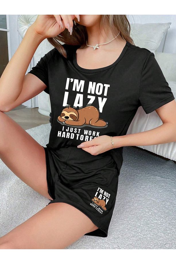 Kadın Siyah I Am Not Lazy Baskılı Oversize Şortlu Takım - 5