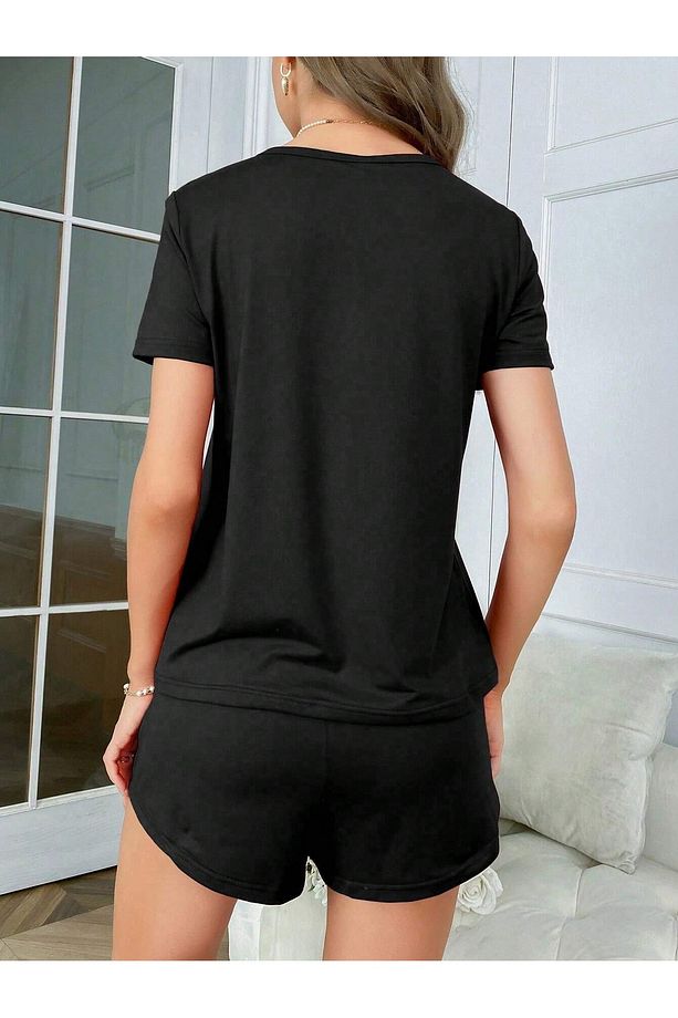 Kadın Siyah I Am Not Lazy Baskılı Oversize Şortlu Takım - 2