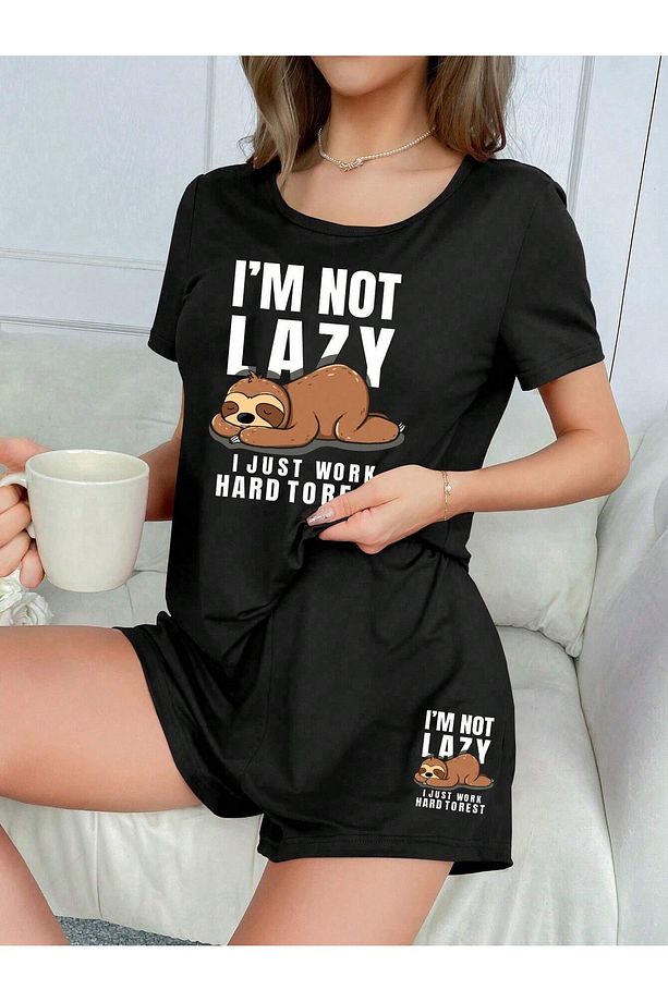 Kadın Siyah I Am Not Lazy Baskılı Oversize Şortlu Takım - 3