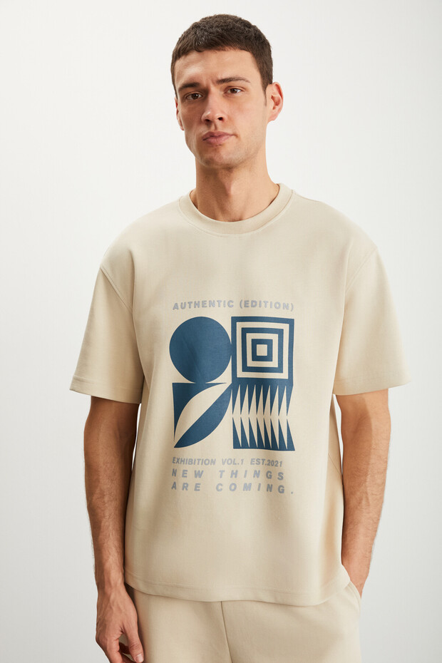 Ramadanp008 Men's 100% Cotton Printed Beige T-Shirt