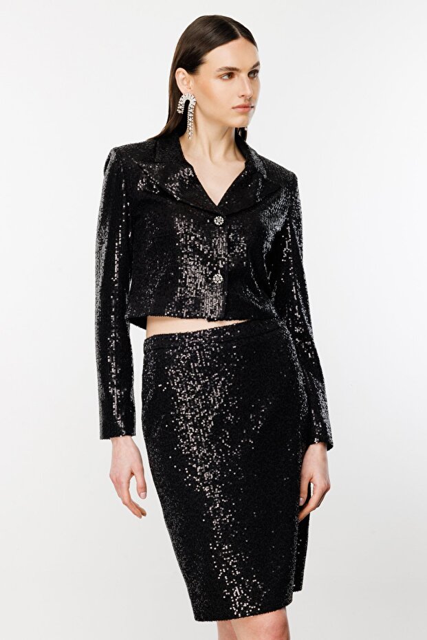 Payetli Düğmeli Kısa Ceket Siyah - 3