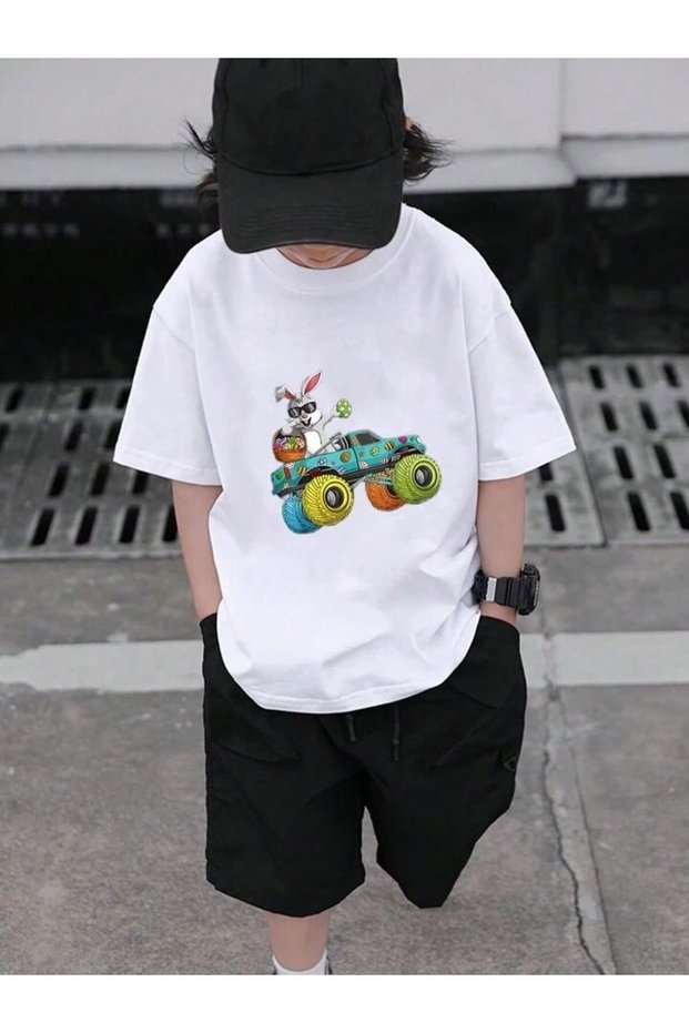 Boy's Car Rabbit Printed White Combed Cotton T-Shirt