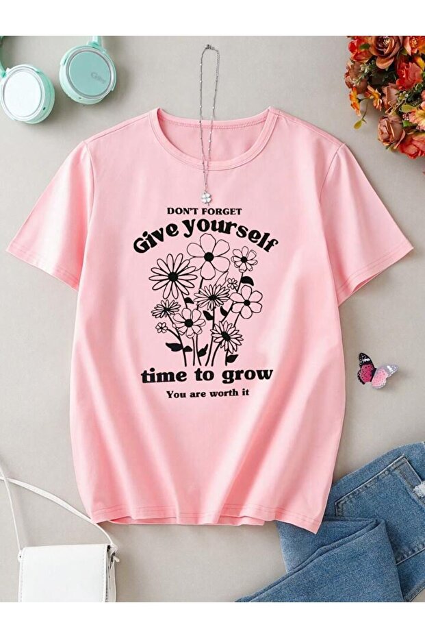Girl's Give Yourself Printed Pink Combed T-Shirt