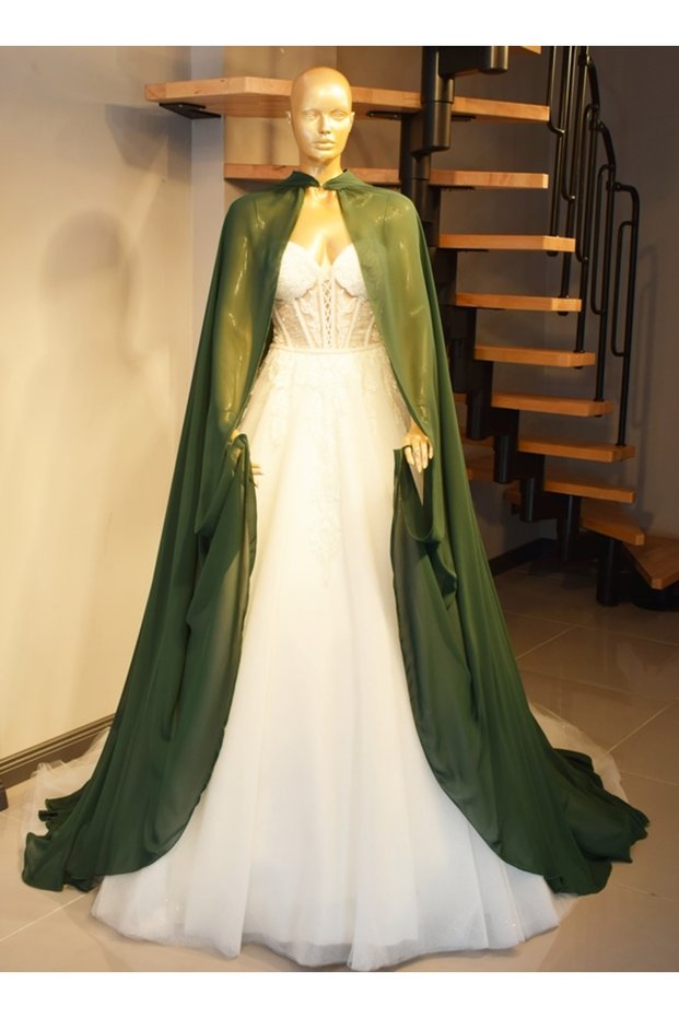 GREEN CHIFFON CAFTAN-BRIDAL GOWN TOP CLOAK-BANDED-GREEN CHIFFON CAFTAN-GREEN CHINA DRESS
