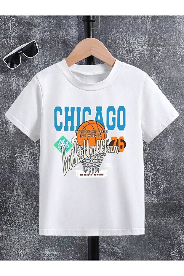 Boys' White Chicago Basketball Printed Combed Cotton T-Shirt