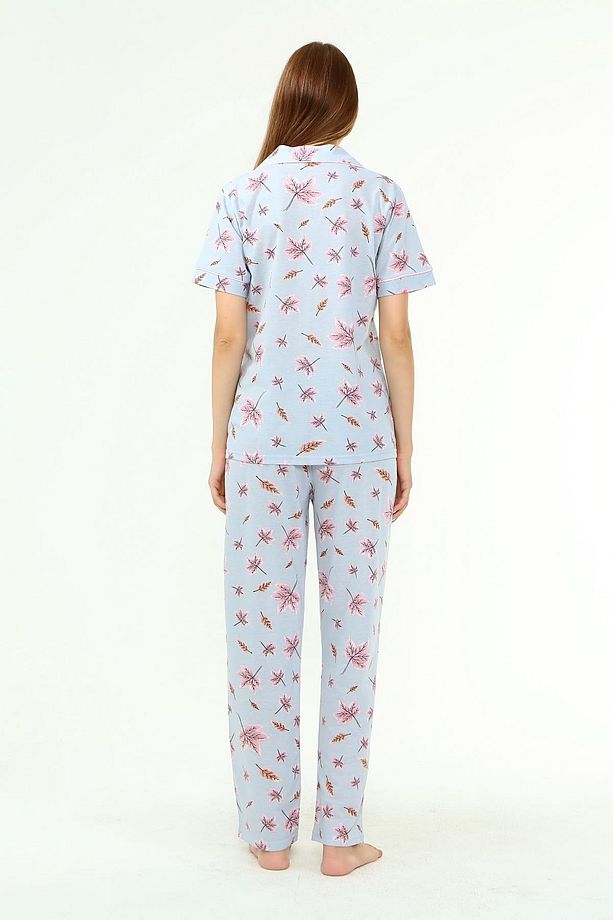Likapa Penye Önden Düğmeli Hamile Lohusa Kısa Kol Pijama Takımı ,%100 Cotton - 5