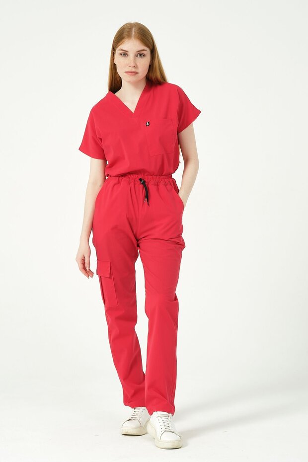 Pomegranate Flower Lycra Scrubs Cargo Pocket Doctor Nurse Uniform Bat Sleeve Set Unisex