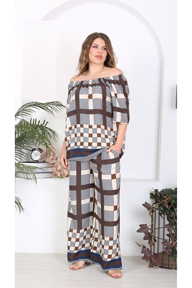 Women's Plus Size Madonna Collar Blouse Pocket Pants Set 24066