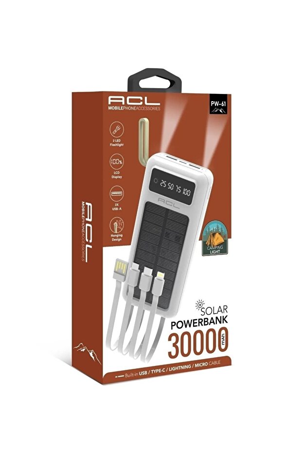 Pw-61 Led Işıklı Usb Mikro Type-c Lighning Kablolu 2xusb 30000mah Lcd Powerbank - 1
