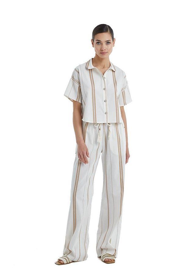 Kadın Kısa Kol Crop Gömlekli Bej Pijama Takımı C4T0N4O06- - 2