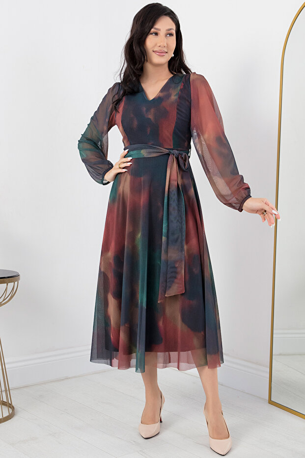 V Yaka Kuşaklı Tül Elbise AP-123 - 5