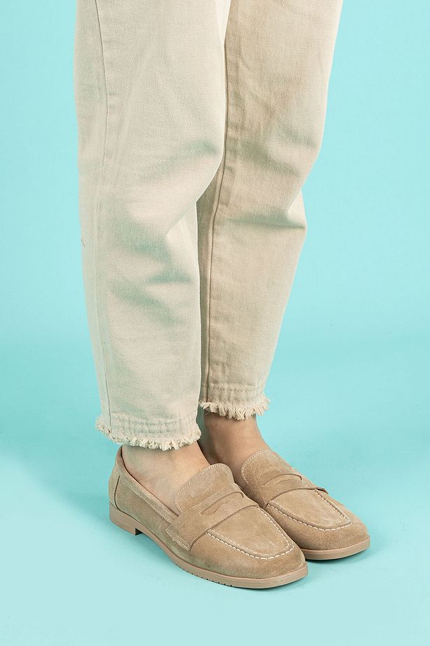 Monk Kadın Süet Bej Loafer Ayakkabı - 1