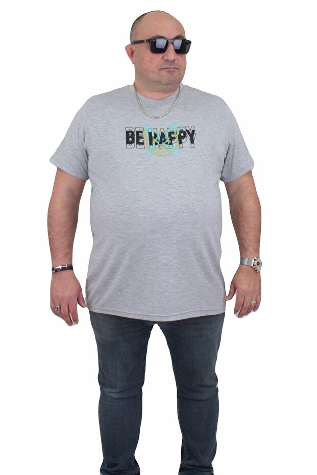 Men's Large Size Crew Neck T-Shirt Be Happy 24131 Gray Melange