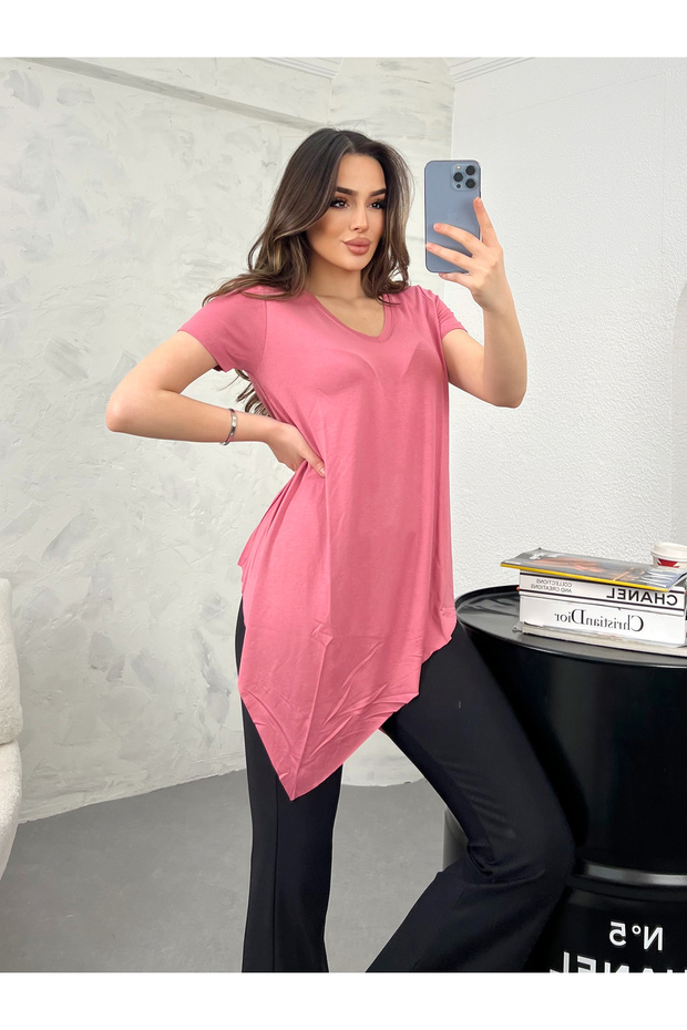 V Yaka Asimetrik Basic Bluz - 3