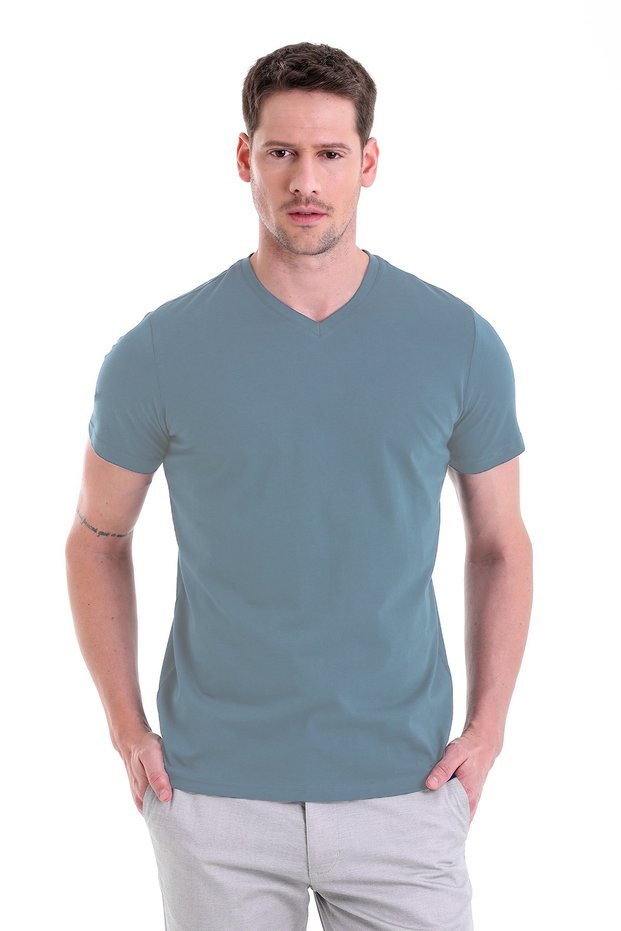 Indigo Plain Regular Fit 100% Cotton V-Neck T-Shirt