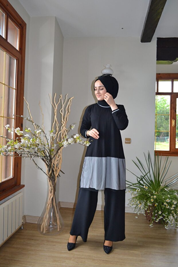 Mesh Detailed Black and White Hijab 2-Piece Set with Black Trousers
