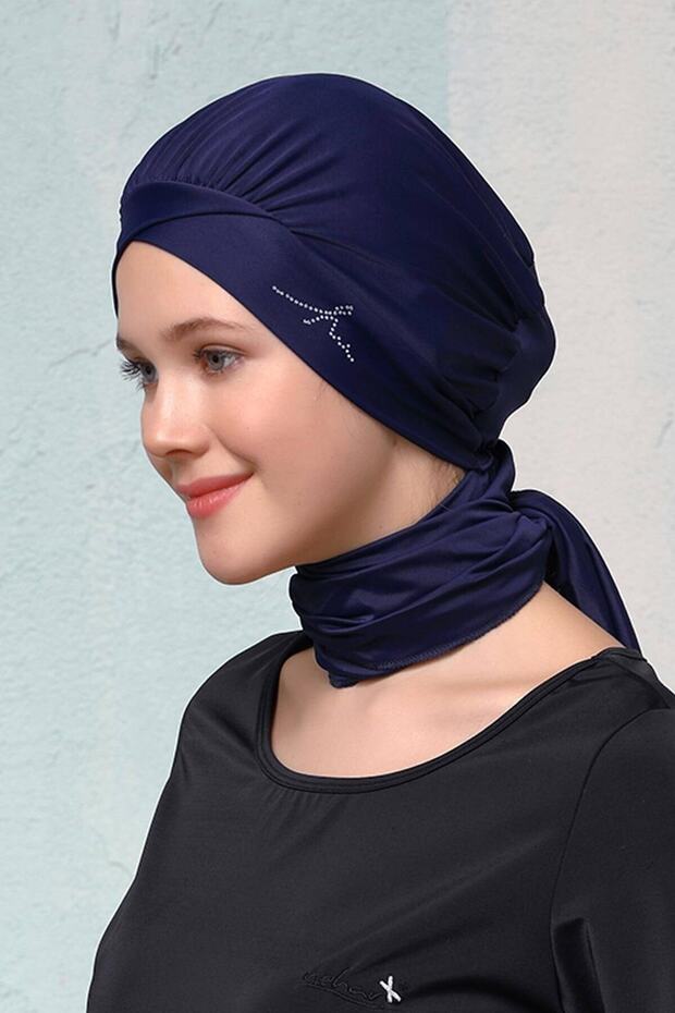 Lacivert Taş Işlemeli Çapraz Tesettür Bone - 2