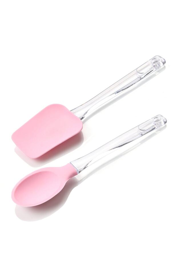 2 Pcs Plastic Handled Silicone Spoon - Spatula Set Pink