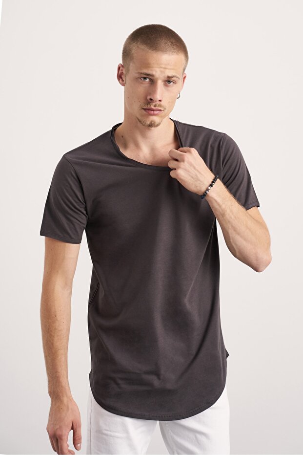 Men's Anthracite Oval Skirt Wide Collar 100% Cotton Short Sleeve T-Shirt