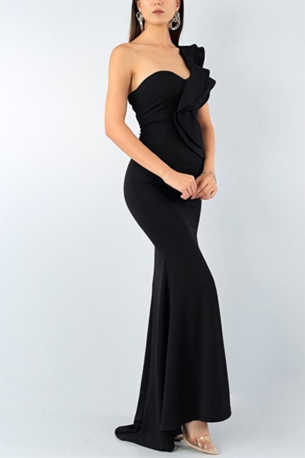 Siyah Esnek Krep Kumaş Tek Omuz Detaylı Uzun Abiye Elbise Düğün Elbisesi Davet Elbisesi 024 - 3
