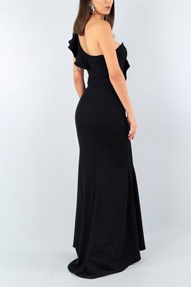 Siyah Esnek Krep Kumaş Tek Omuz Detaylı Uzun Abiye Elbise Düğün Elbisesi Davet Elbisesi 024 - 4
