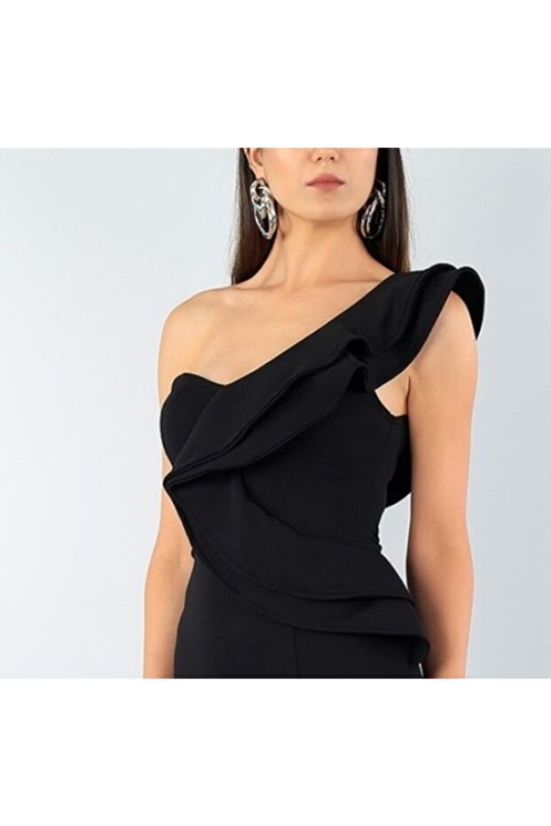 Siyah Esnek Krep Kumaş Tek Omuz Detaylı Uzun Abiye Elbise Düğün Elbisesi Davet Elbisesi 024 - 6