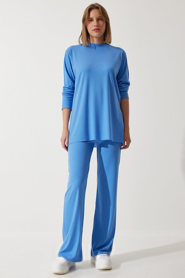 Women's Sky Blue Corded Knitted Blouse Trousers Set KH00088