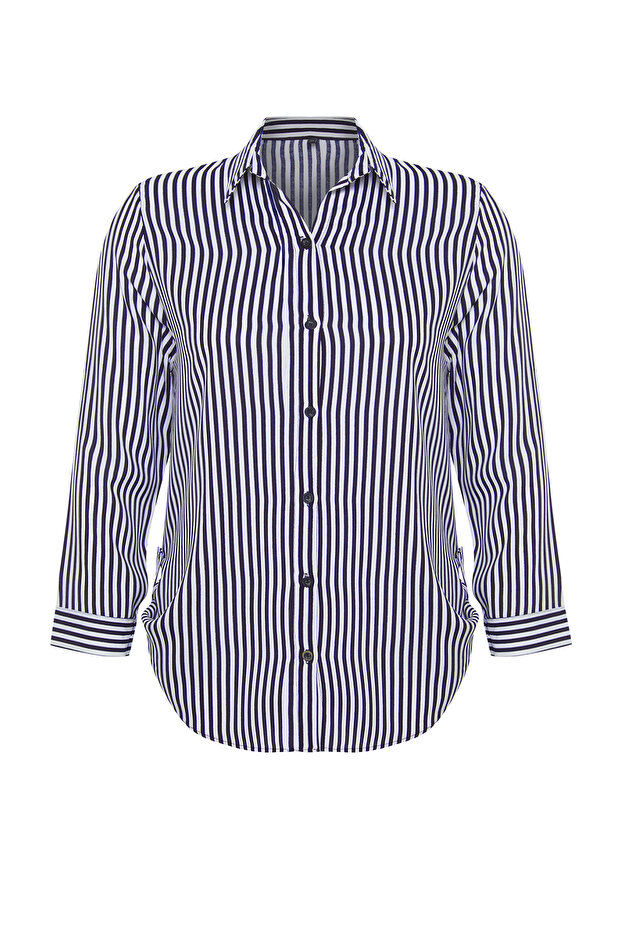 Navy Blue-White Viscose Long Sleeve Striped Plus Size Shirt Tbbss24Ax00031 - 7