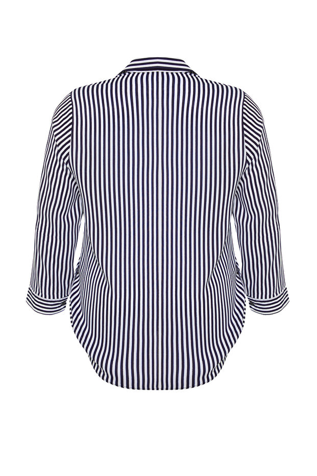 Navy Blue-White Viscose Long Sleeve Striped Plus Size Shirt Tbbss24Ax00031 - 8