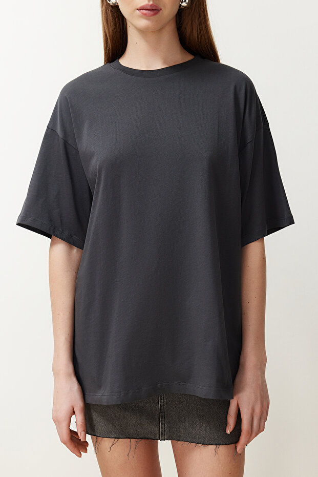 Antrasit %100 Pamuk Bisiklet Yaka Oversize/Geniş Kalıp Örme T-Shirt TWOSS20TS0134 - 4