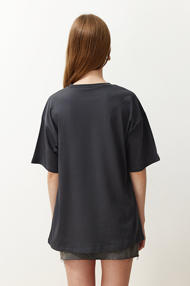 Antrasit %100 Pamuk Bisiklet Yaka Oversize/Geniş Kalıp Örme T-Shirt TWOSS20TS0134 - 6