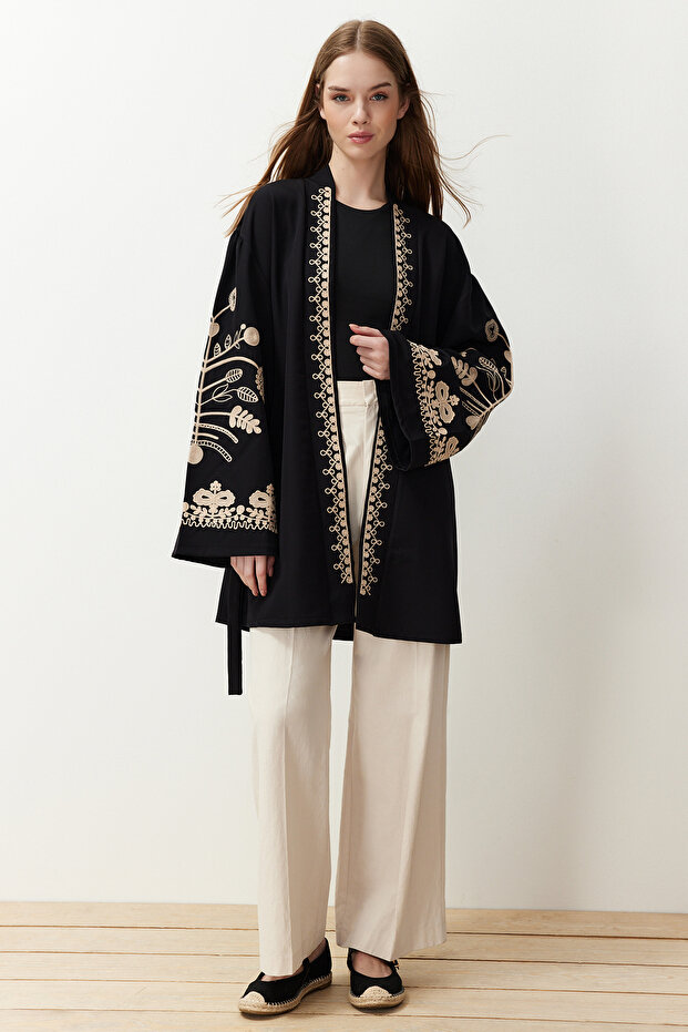 Black Woven Embroidered Cape & Abaya & Kimono TCTSS24KF00018