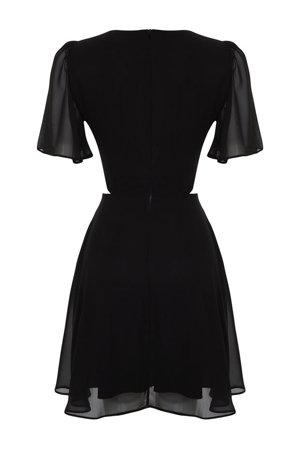 Siyah Eteği Belden Açılan Cut Out/Pencere Detaylı Mini Dokuma Elbise TWOSS24EL00696 - 8