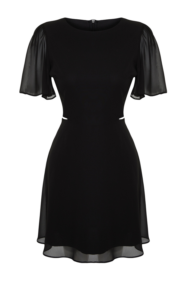 Siyah Eteği Belden Açılan Cut Out/Pencere Detaylı Mini Dokuma Elbise TWOSS24EL00696 - 9