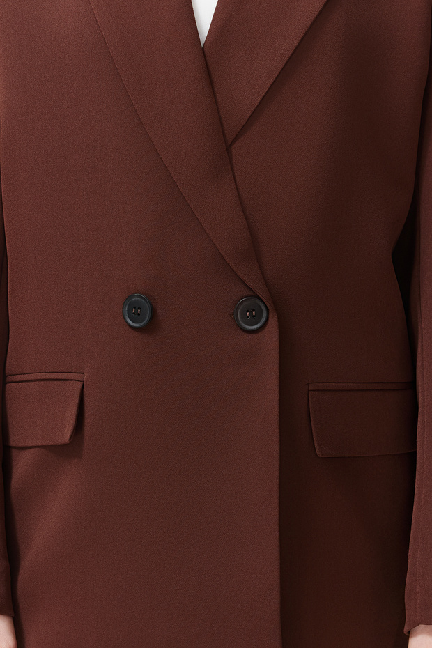 Kahverengi Oversize Düz Kesim Basic Kruvaze Dokuma Blazer Ceket TWOSS24BC00028 - 5