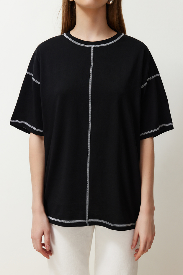 Siyah %100 Pamuk Karkoya Dikiş Detaylı Oversize/Geniş Kesim Örme T-Shirt TWOSS24TS00184 - 9